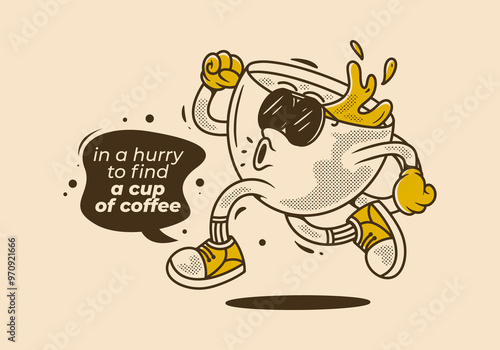 In a hurry to find a cup of coffee. Running coffee cup character in retro vintage style