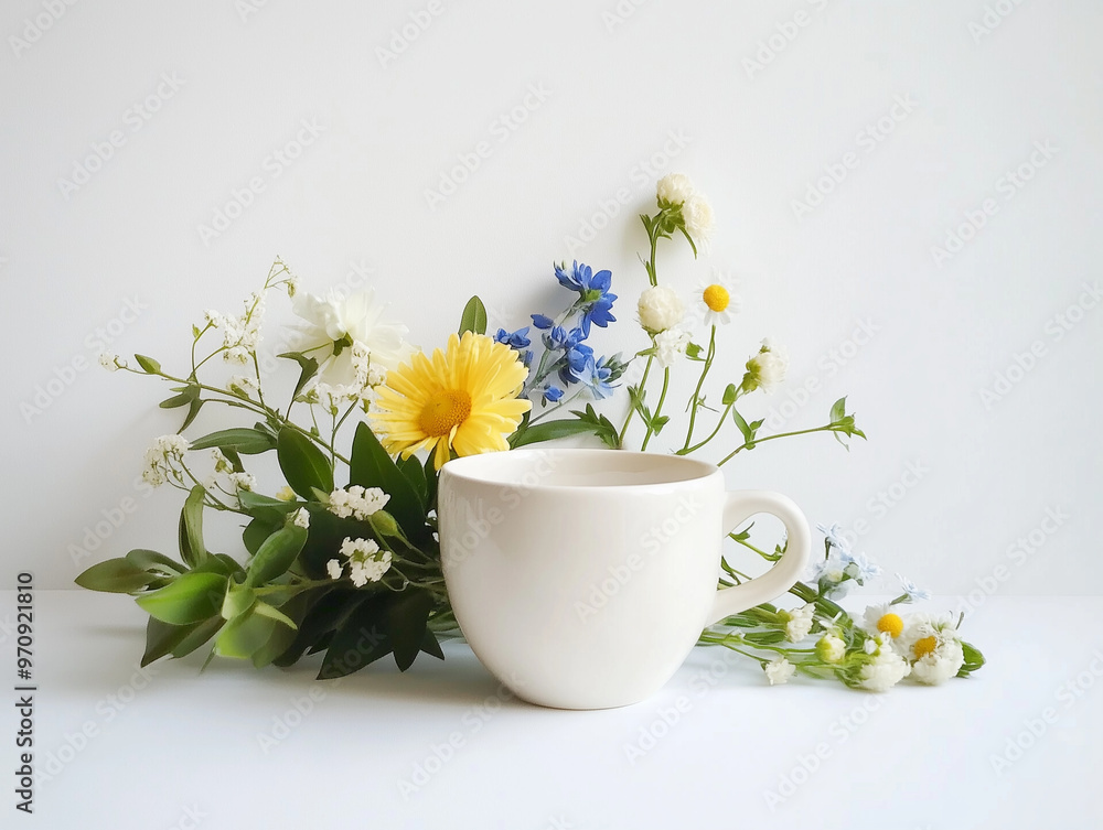 A flat white ceramic cup is placed on a white surface. Next to the cup is a bouquet of flowers A flat white ceramic cup is placed on a white surface. Next to the cup is a bouquet of flowers