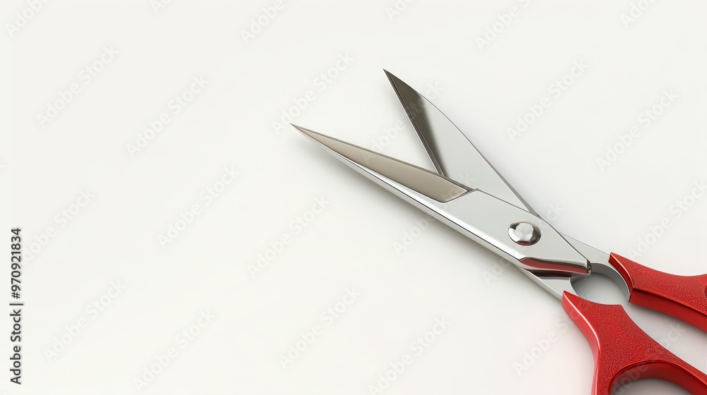 A close-up view of scissors with a striking red handle and shiny blades, ideal for crafting, office use, and DIY projects. A close-up view of scissors with a striking red handle and shiny blades, ideal for crafting, office use, and DIY projects.