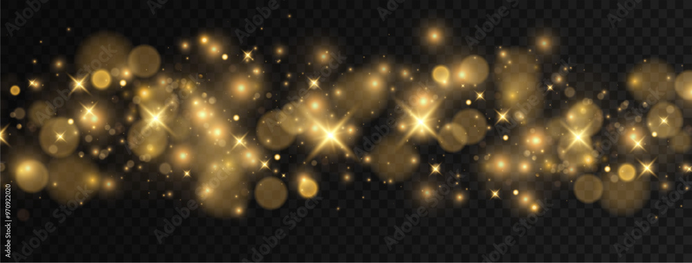 Christmas dust glowing bokeh confetti light and glitter texture overlay for your design. Festive sparkling gold dust png. Holiday powder dust for cards, invitations, banners.