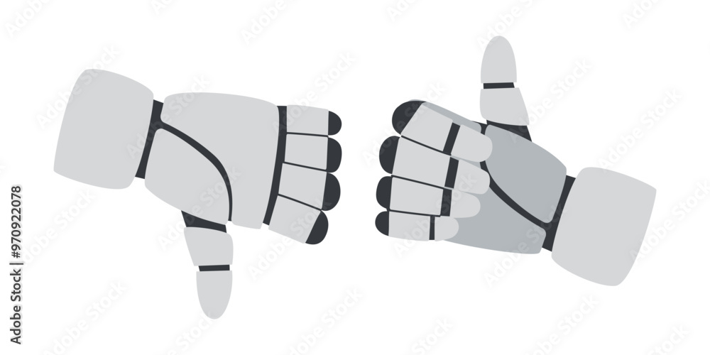 Technology concept. AI concept. Robots hands gesture showing thumb up and down isolated on white background. Sing like and dislike.