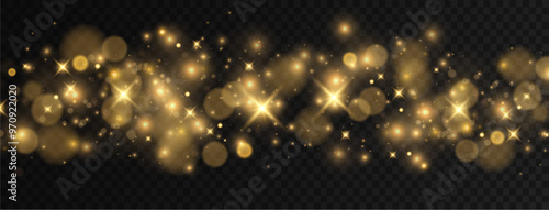 Christmas dust glowing bokeh confetti light and glitter texture overlay for your design. Festive sparkling gold dust png. Holiday powder dust for cards, invitations, banners.