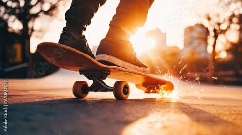 A skateboarder performs tricks at sunset, creating sparks on the pavement. photo