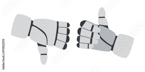 Technology concept. AI concept. Robots hands gesture showing thumb up and down isolated on white background. Sing like and dislike.