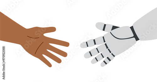Technology concept. AI concept. Robots and human hands greeting each other isolated on white background. The concept of human-artificial intelligence interaction.