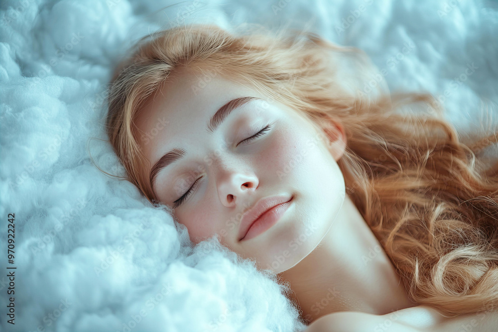 Young Beautiful Woman Sleeping on a Cloud World Sleeping day concept Young Beautiful Woman Sleeping on a Cloud World Sleeping day concept