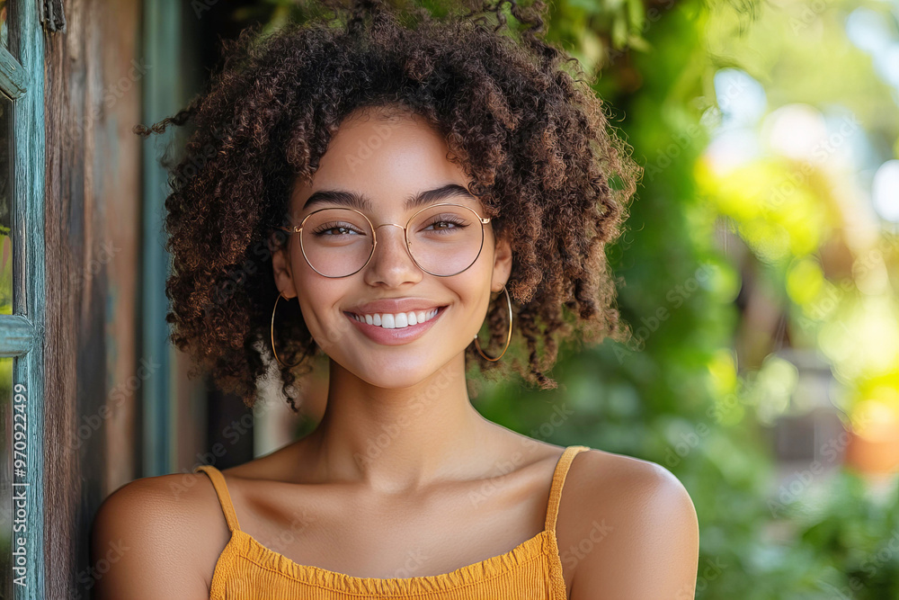 Young woman with curly hair smiles brightly outdoors in a garden during the daytime Young woman with curly hair smiles brightly outdoors in a garden during the daytime