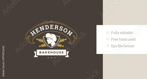 Cookery man portrait bakery bakehouse retro logo design template vector flat illustration. Baker head with rolling pin classic insignia logotype for fresh pastry bread cafe shop store