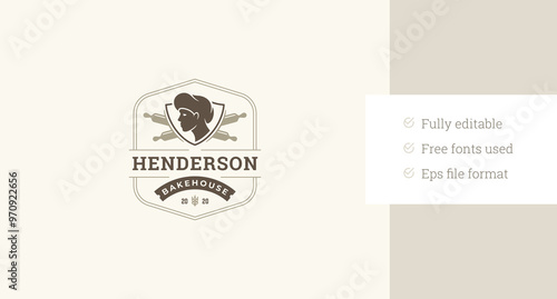 Bakery bakehouse retro logo design template fresh pastry shop vector flat illustration. Baking food cookery cafe store shield old style insignia advertising brand with rolling pin and chef
