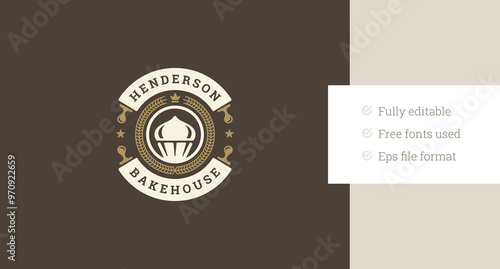 Bakehouse circle retro logo design template for bakery store vector flat illustration. Baker shop cafe old style logotype with fresh cooking cake cupcake baked pastry for cafeteria