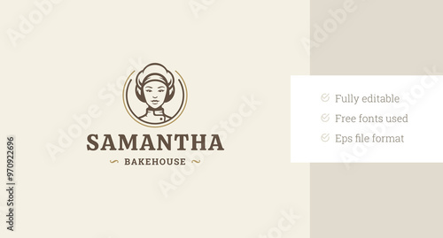Bakehouse retro circle logo design template woman chef portrait vector flat illustration. Bakery shop store cafe cafeteria old style minimalist logotype for fresh bread cake cooking menu