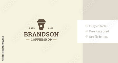 Coffeeshop take away coffee paper cup old style logo design template vector flat illustration. Aroma morning caffeine beverage to go menu hot fragrance drink cafe cafeteria minimalist logotype