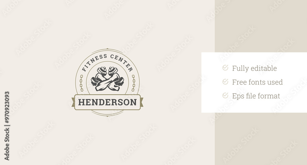 Strong athlete hands with dumbbells circle retro logo design template for gym vector flat illustration. Bodybuilding fitness sport weight training muscular physical exercise club minimalist logotype Strong athlete hands with dumbbells circle retro logo design template for gym vector flat illustration. Bodybuilding fitness sport weight training muscular physical exercise club minimalist logotype