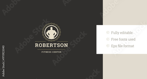 Gym fitness club retro logo design template athletic man silhouette vector flat illustration. Bodybuilding sport training muscle workout strong trainer coach with chain circle minimalist logotype
