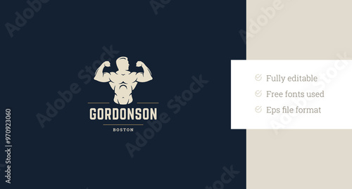 Wallpaper Mural Strong man athlete with bicep muscle retro logo design template for gym club vector flat illustration. Athletic male coach bodybuilding sport training fitness physical exercise center logotype Torontodigital.ca