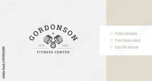 Folded curved dumbbell retro logo design template for fitness club gym vector flat illustration. Bodybuilding weight training sport physical exercise workout center minimalist logotype