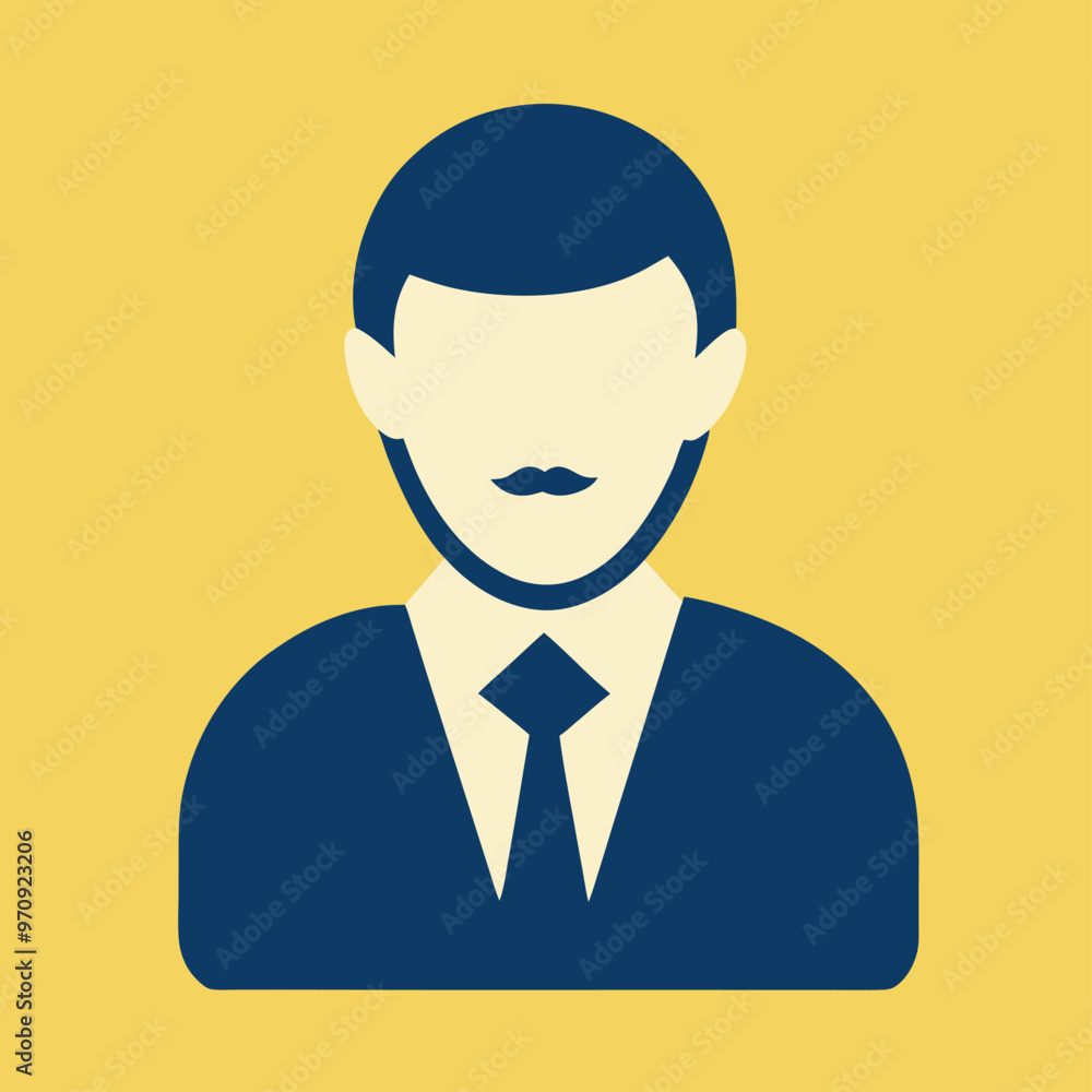 A man wearing a blue suit and tie is shown on a yellow background