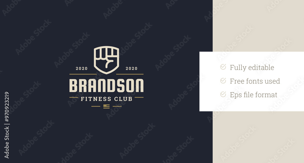 Athletic fist creative luxury retro logo design template for fitness center vector flat illustration. Gym club sport strong arm physical exercise training muscular workout decorative logotype Athletic fist creative luxury retro logo design template for fitness center vector flat illustration. Gym club sport strong arm physical exercise training muscular workout decorative logotype