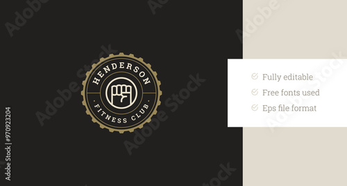 Strong athletic fist stamp seal circle luxury retro logo design template for gym center vector flat illustration. Power bodybuilding boxing hand sport training physical exercise old style logotype