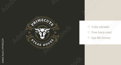 Grill fresh barbecue steak luxury retro circle logo design template bull head vector flat illustration. Premium fresh meat butcher shop beef roast menu old style logotype with golden ribbon