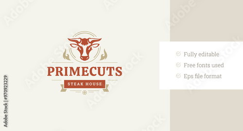 Premium meat store butchery bull head retro logo design template vector flat illustration. Butcher shop grilled steak restaurant menu luxury emblem logotype with golden decorative element