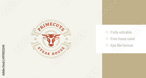 Bull head with circle ribbon retro logo design template for meat shop restaurant vector flat illustration. Butchery grilled fresh beef pork chicken menu cooking eatery brand minimalist logotype