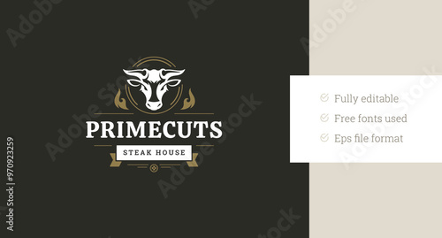 Bull head with fire flame retro logo design template for grill menu butchery vector flat illustration. Butcher shop premium fresh roasted meat restaurant minimalist logotype with ribbon