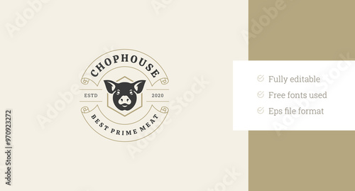 Meat shop butchery pig head luxury circle retro logo design template vector flat illustration. Butcher store fresh grill barbecue pork beef chicken steak restaurant menu logotype with golden ribbon