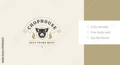 Natural fresh grill meat restaurant butchery shop luxury retro logo design template vector flat illustration. Pig head with golden ribbon and fire flame decor element logotype for barbecue store