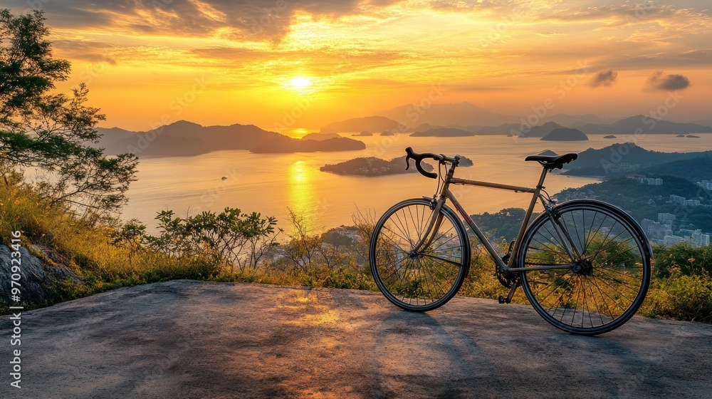 Fototapeta premium A bicycle rests on a scenic overlook during a vibrant sunset over the water.