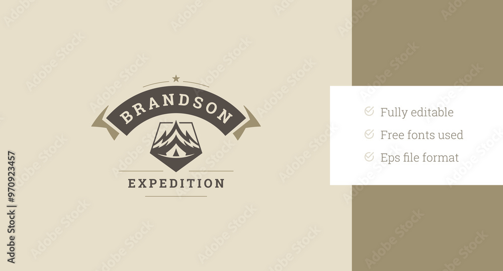 Fototapeta premium Mountaineering alpinism extreme travel expedition luxury old style logo design template vector flat illustration. Mountain climbing hiking camping tourism adventure retro minimalist logotype