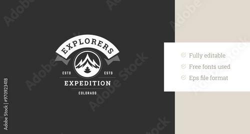 Mountain expedition travel discovery exploration retro logo design template vector flat illustration. Extreme sport mountaineering explore hiking climbing tourism minimalist logotype with ribbon