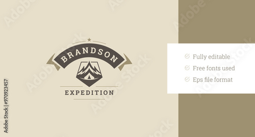 Mountaineering alpinism extreme travel expedition luxury old style logo design template vector flat illustration. Mountain climbing hiking camping tourism adventure retro minimalist logotype