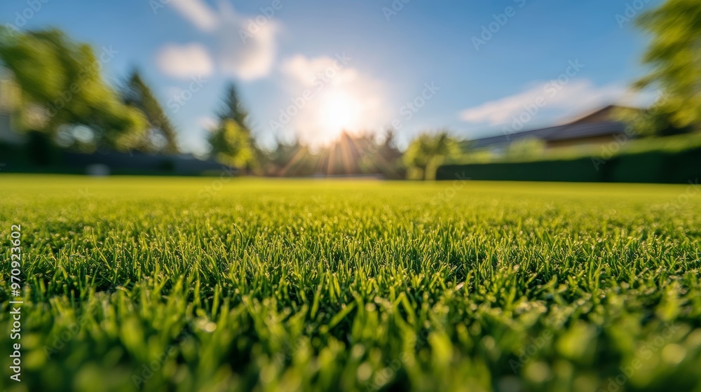 Obraz premium Smooth green grass: lawn against the background of a large blue sky on a sunny day. Wide view of the manicured lawn. The natural background of yellow-green grass in the rays of the setting sun.