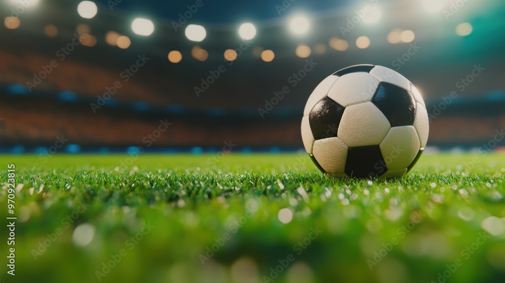 Fototapeta premium A close-up of a soccer ball on a grassy field in a stadium setting.