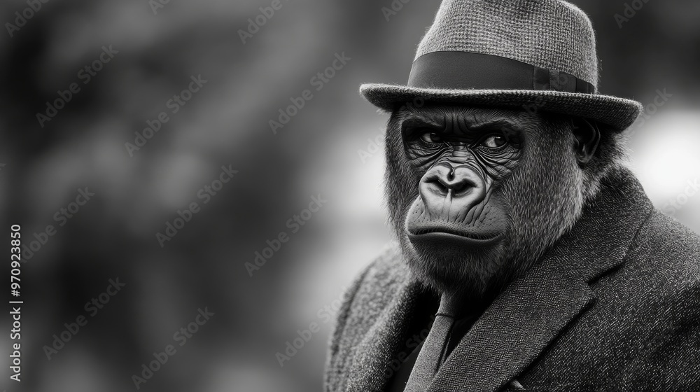 Gorilla wearing a suit jacket and hat. black and white wildlife perfect for poster and canvas Gorilla wearing a suit jacket and hat. black and white wildlife perfect for poster and canvas