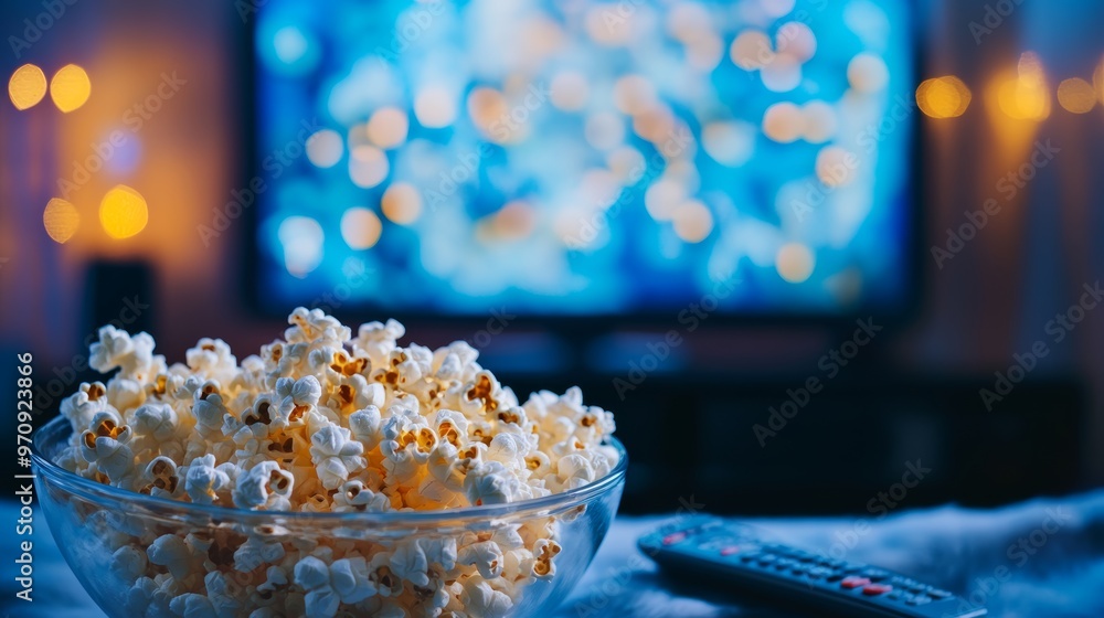 A glass bowl of popcorn and remote control in the background the TV works. Evening cozy watching a movie or TV series at home. A glass bowl of popcorn and remote control in the background the TV works. Evening cozy watching a movie or TV series at home.