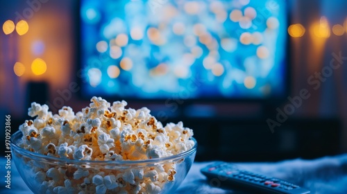 A glass bowl of popcorn and remote control in the background the TV works. Evening cozy watching a movie or TV series at home. photo