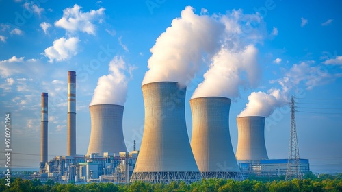 The chimneys of the thermal power station with white clouds of steam and Cooling tower of thermal power plant. photo