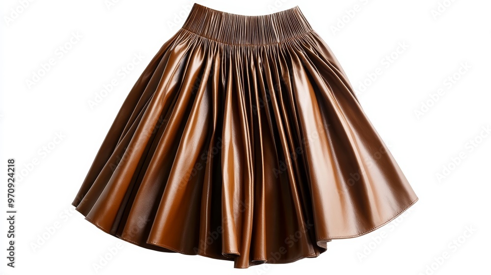 Brown romantic avant-garde eccentric special faux leather vegan leather fashion design pleated one size midi skirt to be on limelight isolated on the white background Brown romantic avant-garde eccentric special faux leather vegan leather fashion design pleated one size midi skirt to be on limelight isolated on the white background
