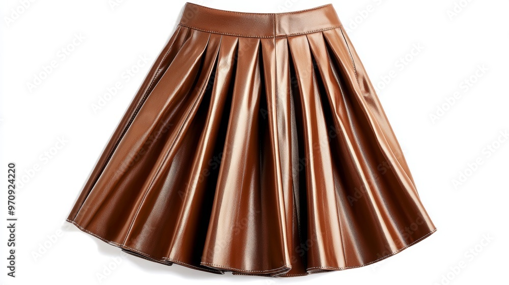 Brown romantic avant-garde eccentric special faux leather vegan leather fashion design pleated one size midi skirt to be on limelight isolated on the white background Brown romantic avant-garde eccentric special faux leather vegan leather fashion design pleated one size midi skirt to be on limelight isolated on the white background
