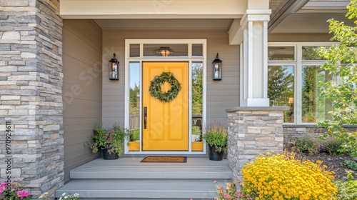 Panorama Yellow front door with wreath and sidelight at the entrance of a house in Utah. Home exterior with gray wood vinyl and stone veneer sidings and a porch with wall lamp near the window.
