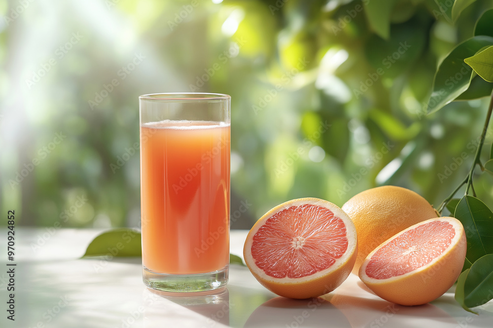 A full glass of fresh grapefruit juice stands on a table in the garden on a light background. Whole grapefruits and halves lie nearby. A full glass of fresh grapefruit juice stands on a table in the garden on a light background. Whole grapefruits and halves lie nearby.