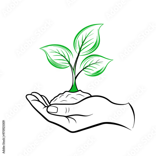 Icon of a Hand Holding a Green Sprout, Vector on Transparent Background