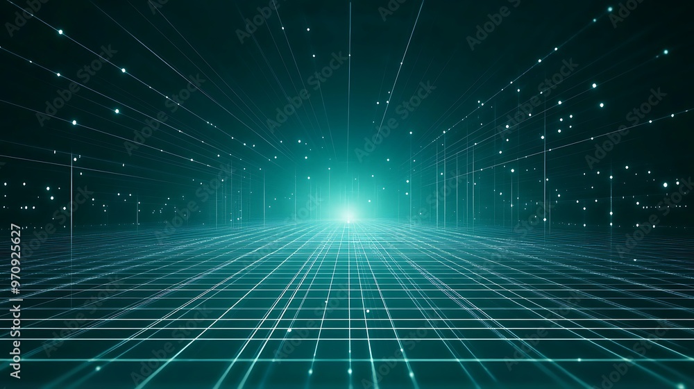 A captivating abstract representation of a digital grid with radiant lines and glowing particles, perfect for futuristic themes. A captivating abstract representation of a digital grid with radiant lines and glowing particles, perfect for futuristic themes.