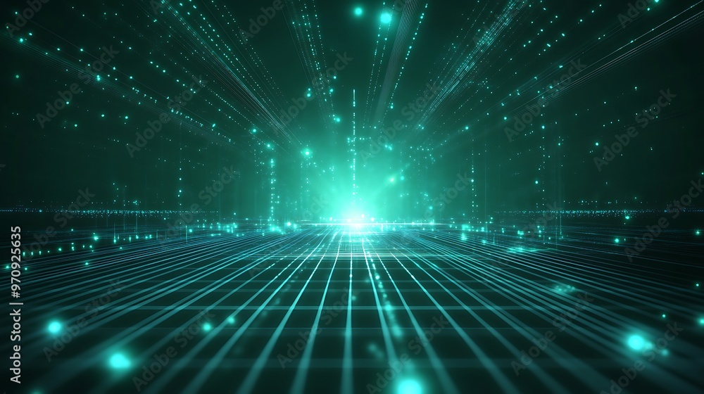 A captivating digital landscape featuring a glowing green grid with streaming light particles, ideal for technology and science themes. A captivating digital landscape featuring a glowing green grid with streaming light particles, ideal for technology and science themes.