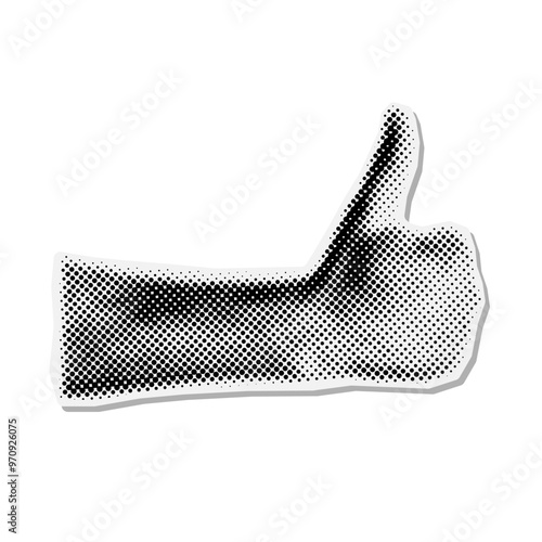 Halftone comic dotted collage with a man's hand showing thumb up. Sticker in retro, groove, pop art style for rating, status designations isolated on white background. Vector illustration EPS10