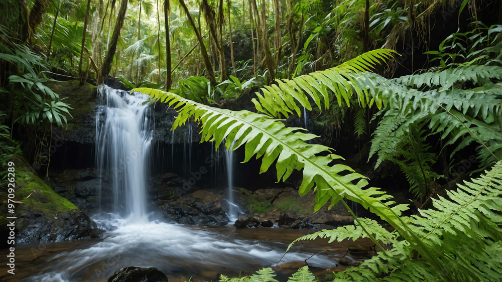 Fern growing beside a waterfall in a tropical forest Fern growing beside a waterfall in a tropical forest