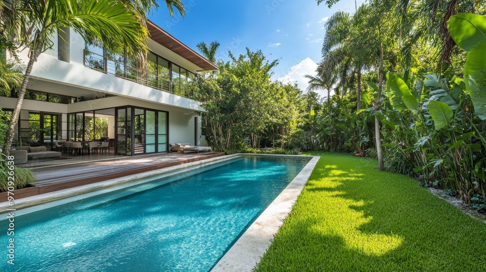 custom made wallpaper toronto digitalBeautiful backyard of elegant and modern house, swimming pool, short grass, trees and tropical plants, blue sky in the background