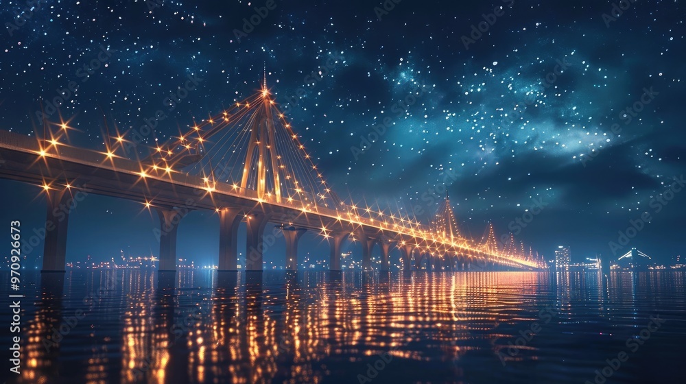 Fototapeta premium Breathtaking nighttime cityscape featuring an illuminated bridge that spans a serene river with the glimmering skyline and its captivating reflections creating a mesmerizing and enchanting scene